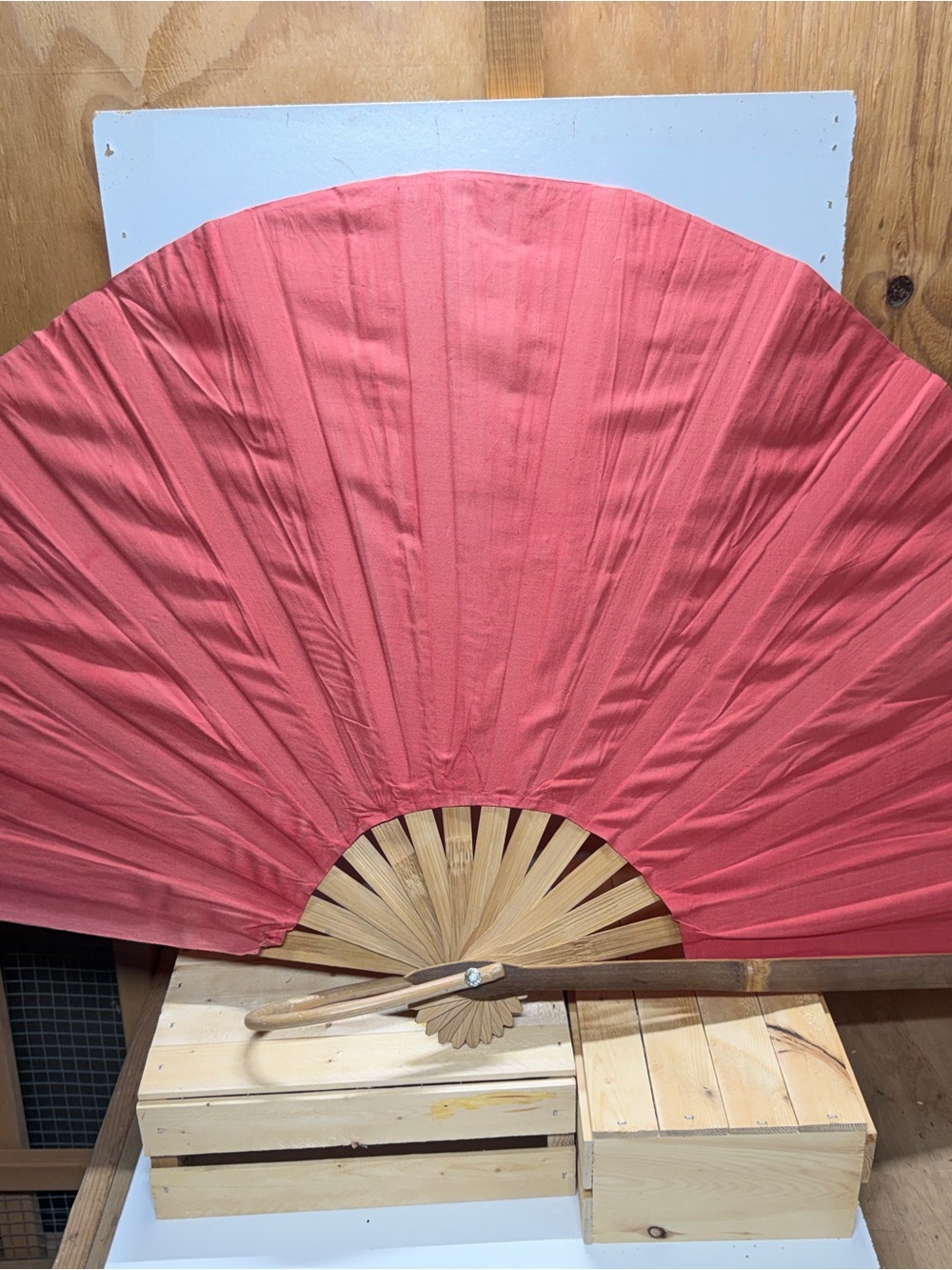 Vintage Oversized Folding Wall Fan Pink Bamboo Decor